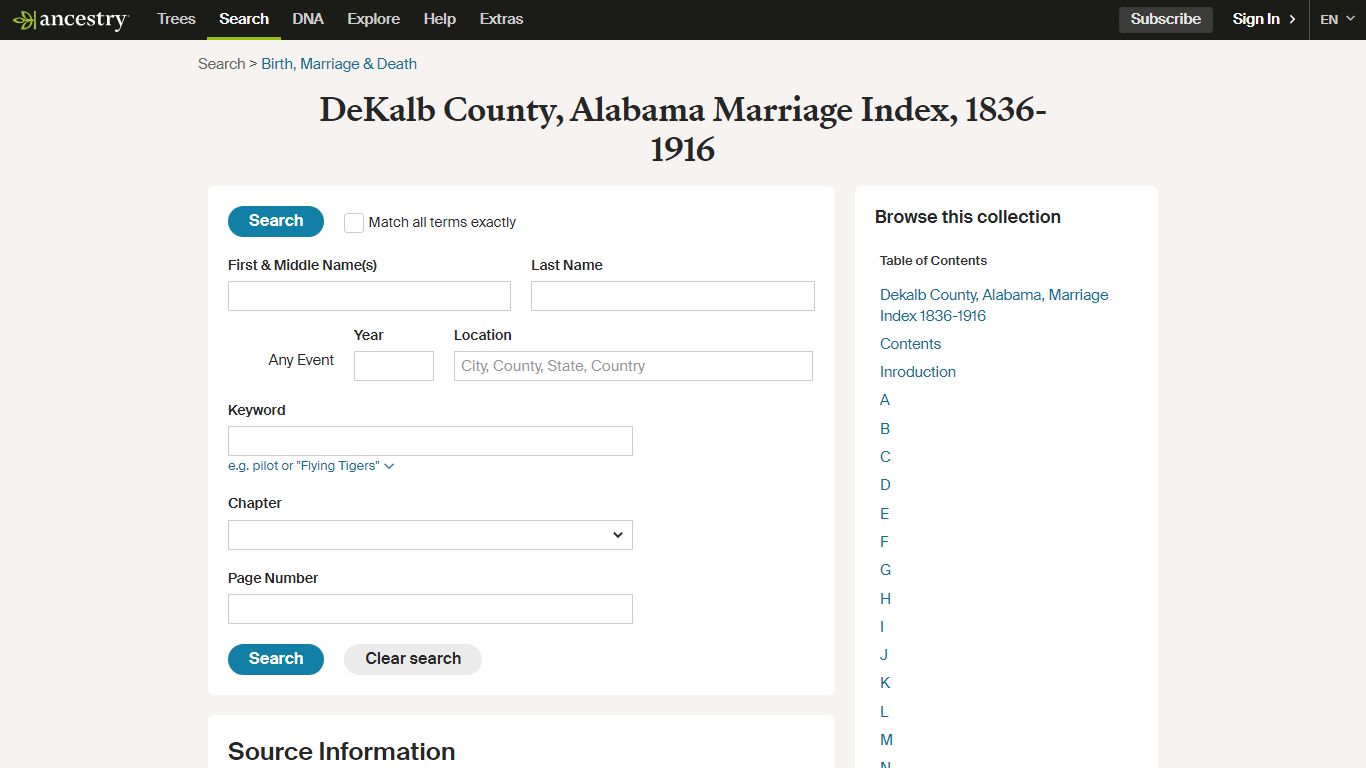 DeKalb County, Alabama Marriage Index, 1836-1916